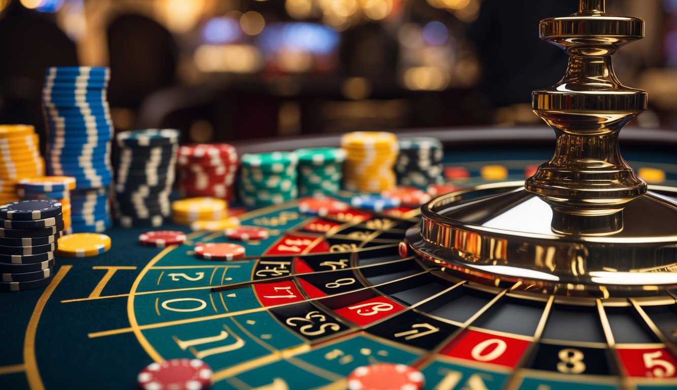 Meja roulette kasino dengan roda roulette berputar dan tumpukan chip taruhan berwarna-warni.