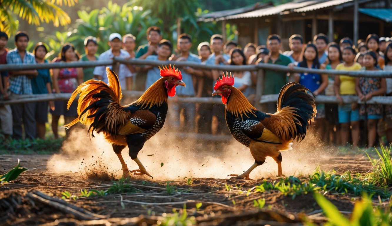 Dua ayam jago sedang bertarung di depan kerumunan orang yang menonton di area terbuka dengan latar belakang pagar kayu dan pepohonan.