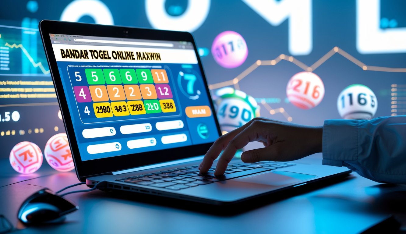 Seseorang menggunakan laptop di meja kerja dengan tampilan antarmuka lotere online dan elemen digital yang melambangkan keberuntungan dan kemenangan.
