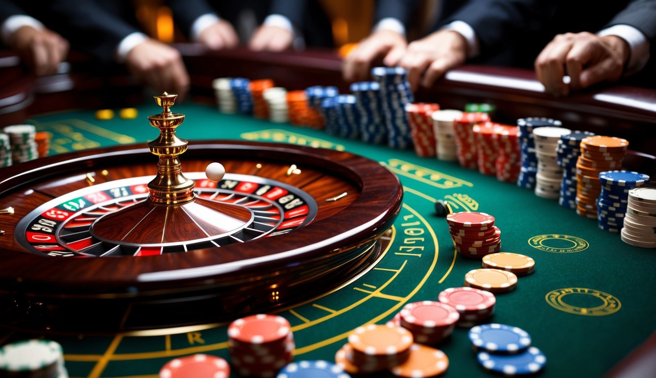 Meja roulette kasino dengan roda roulette, bola putih, dan chip taruhan di sekitarnya.