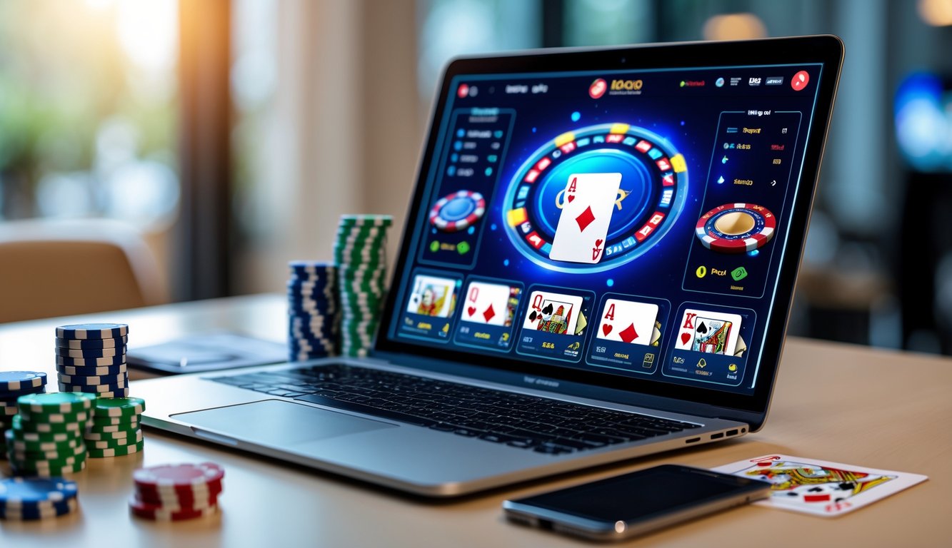 Sebuah laptop di atas meja dengan permainan poker online di layar, dikelilingi chip poker dan kartu remi.
