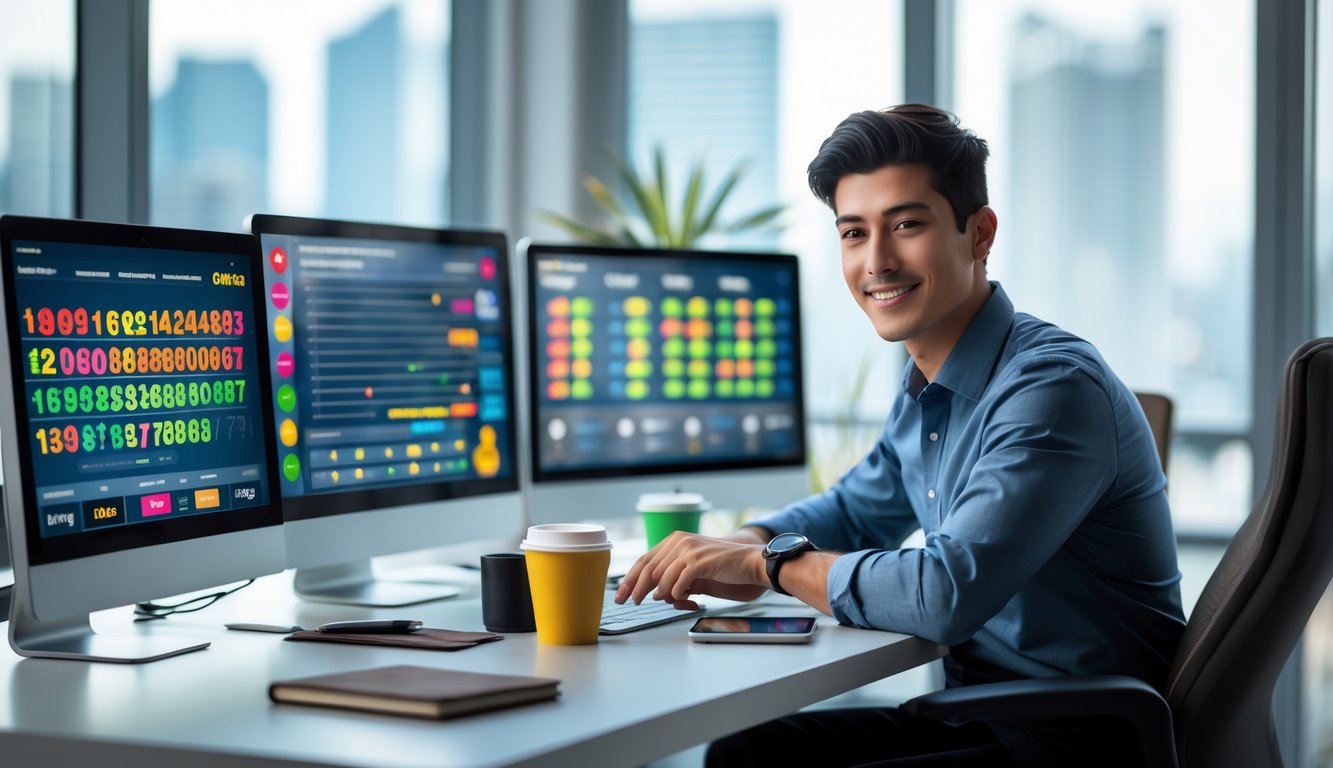 Seorang pria muda duduk di meja kerja dengan beberapa monitor komputer yang menampilkan angka lotre dan grafik digital, di ruang kantor dengan jendela besar dan pemandangan kota di belakangnya.