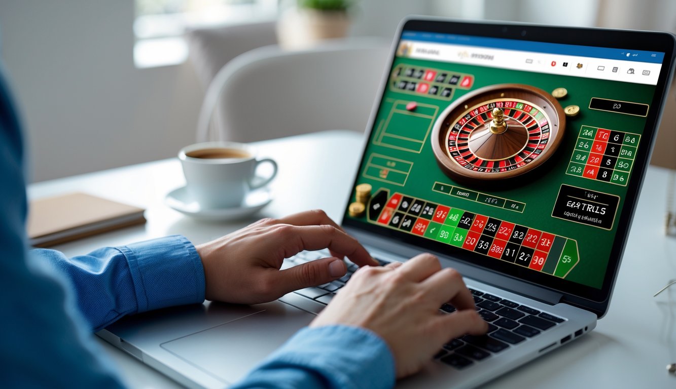 Seseorang sedang bermain roulette online menggunakan laptop di sebuah ruangan yang terang.