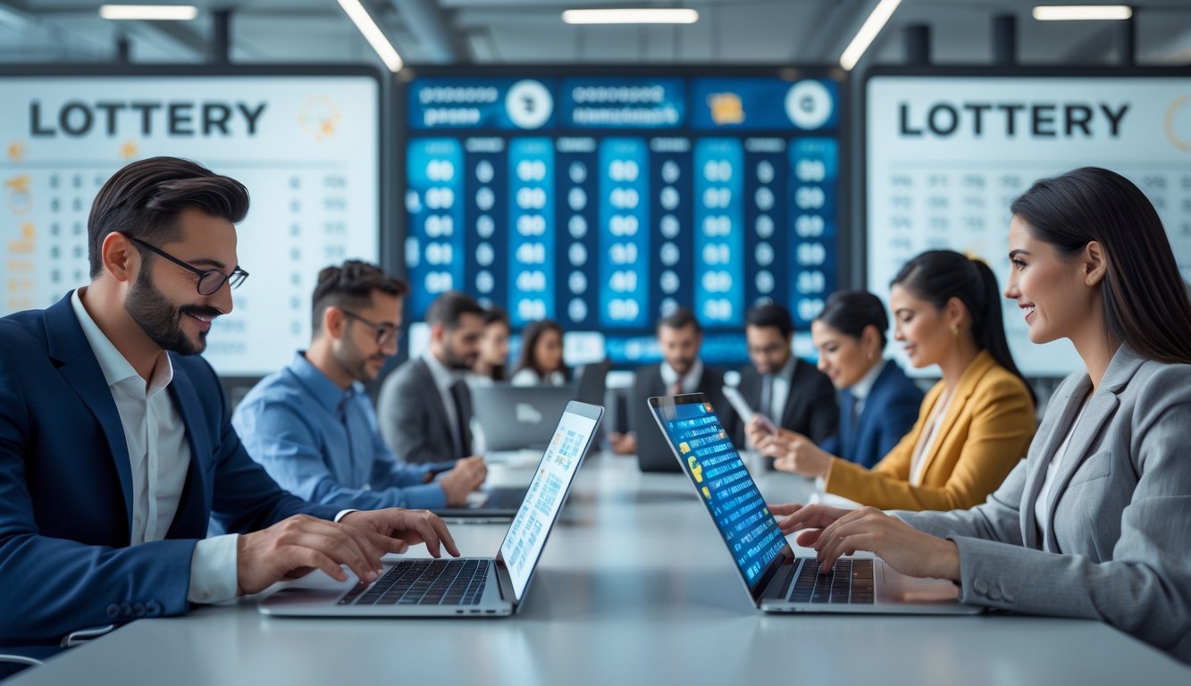 Orang-orang menggunakan perangkat digital di kantor modern dengan layar besar menampilkan data angka lotere.