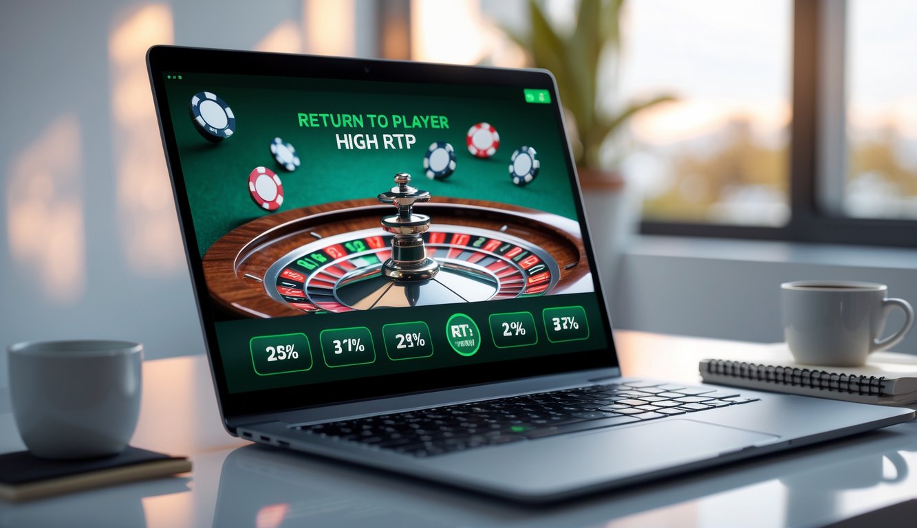 Layar laptop menampilkan permainan roulette online dengan grafik roda roulette yang jelas dan indikator RTP tinggi, di atas meja kerja yang rapi dengan secangkir kopi dan buku catatan.