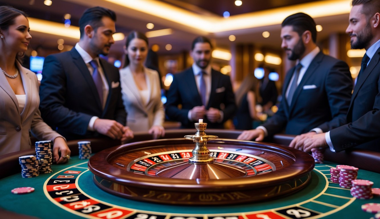 Meja roulette kasino dengan roda berputar dan pemain berpakaian rapi sedang bermain.