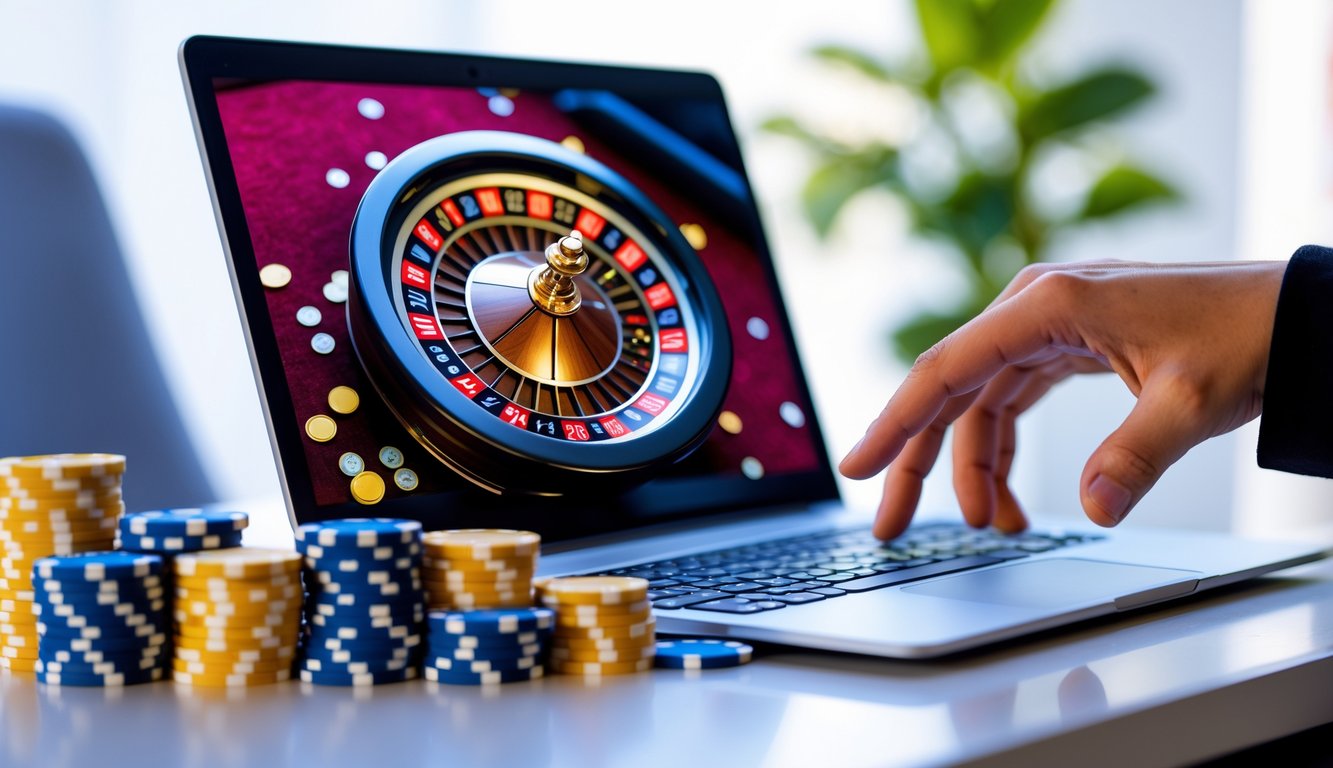 Seseorang sedang bermain roulette online di laptop dengan tumpukan chip warna-warni di atas meja.