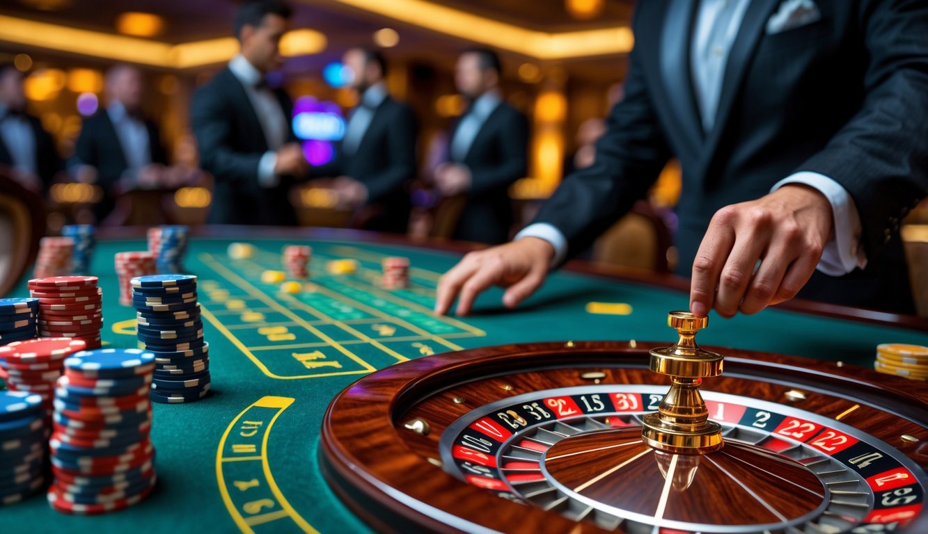 Meja roulette di kasino dengan roda roulette berputar dan tumpukan chip taruhan, dikelilingi oleh pemain dalam suasana kasino yang mewah.