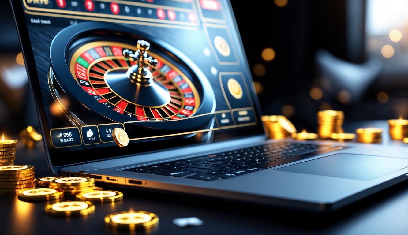 Layar laptop menampilkan permainan roulette online dengan roda roulette berputar dan koin emas serta chip di sekitarnya.