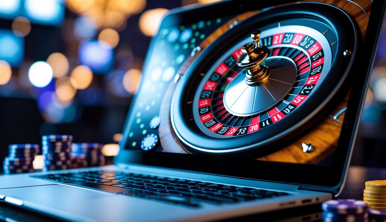 Layar komputer menampilkan roda roulette digital dengan angka merah dan hitam, dikelilingi suasana kasino online.