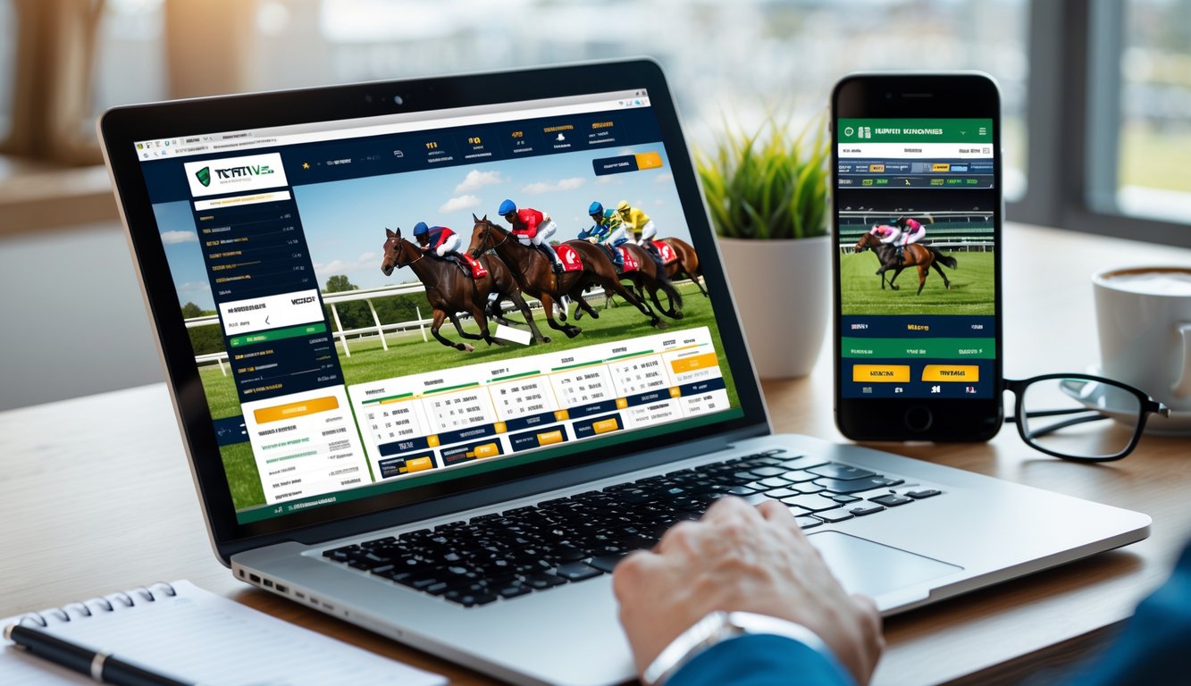 Seseorang sedang menggunakan laptop dan ponsel untuk memasang taruhan balap kuda secara online di sebuah meja kerja.