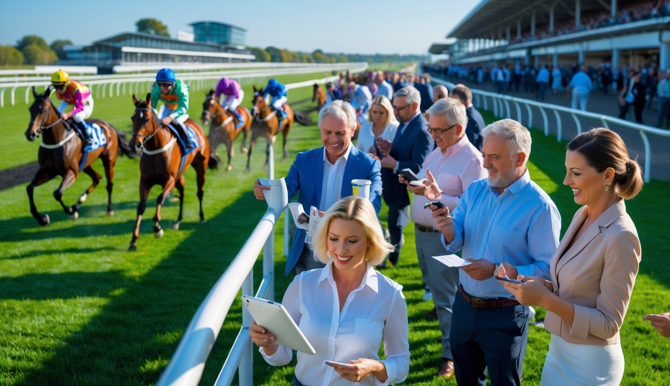 Suasana balap kuda dengan beberapa kuda dan joki sedang berlari cepat di lintasan, serta orang-orang yang sedang memasang taruhan di tepi lintasan.