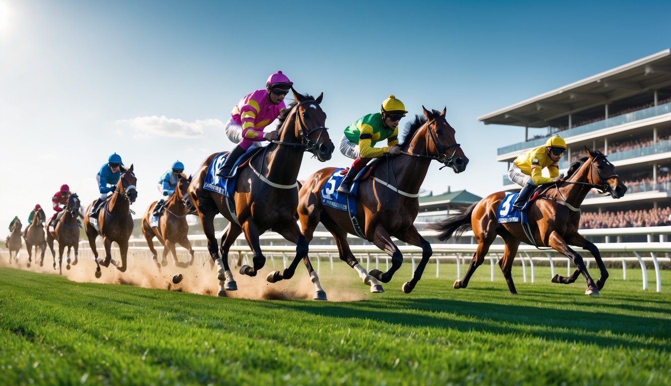 Lomba kuda dengan joki berwarna-warni berlari kencang di lintasan dengan penonton di tribun di latar belakang.