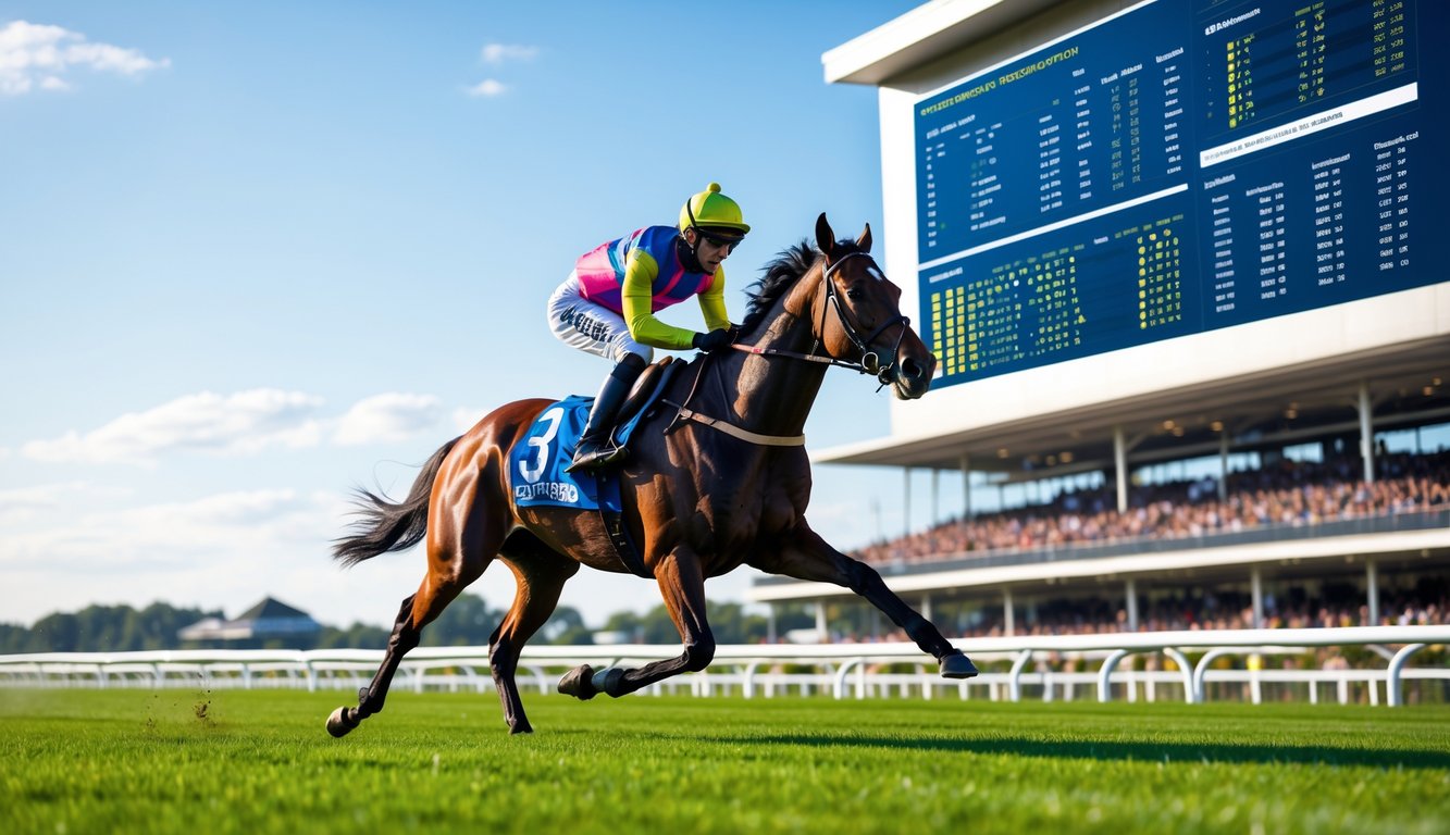 Seorang joki menunggang kuda pacuan di lintasan hijau dengan layar digital menampilkan data balap di latar belakang.