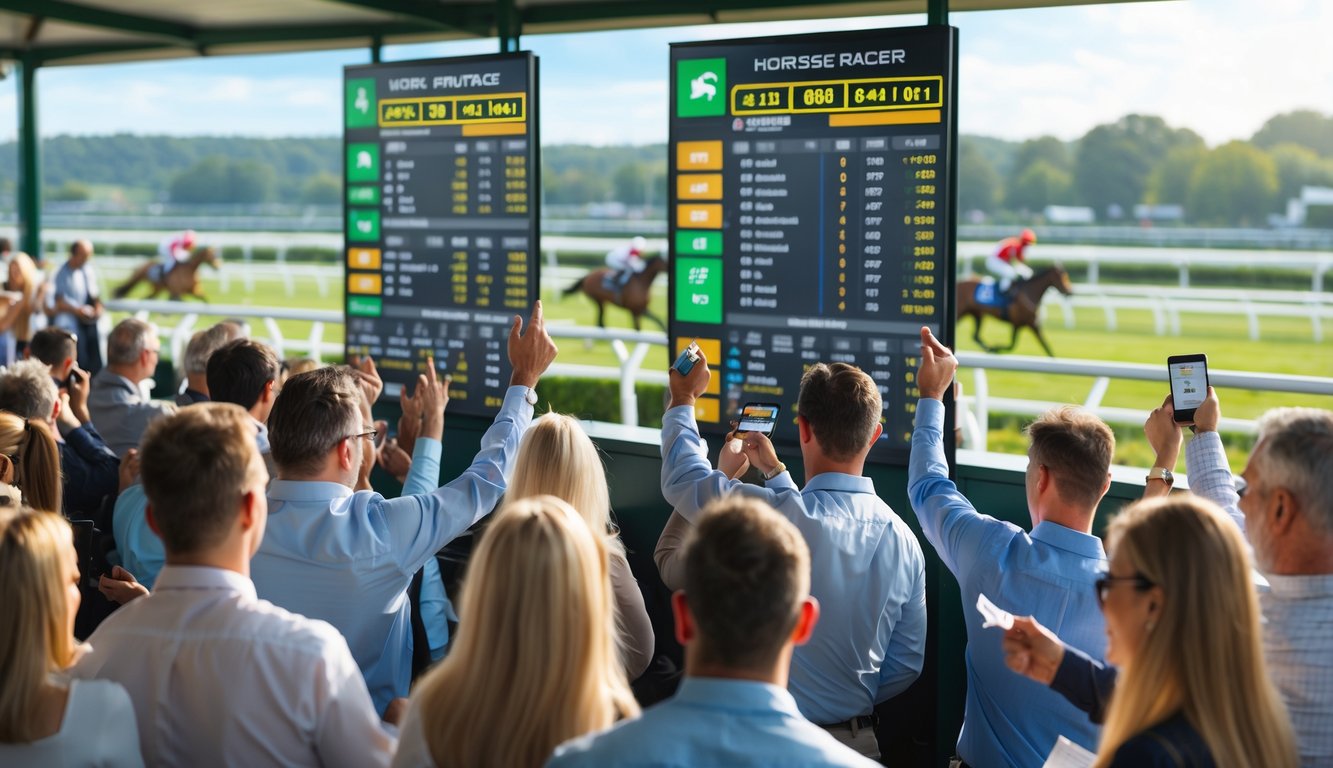 Sekelompok orang sedang memasang taruhan langsung pada balapan kuda di sebuah arena balap dengan kuda-kuda yang sedang berlari di latar belakang.