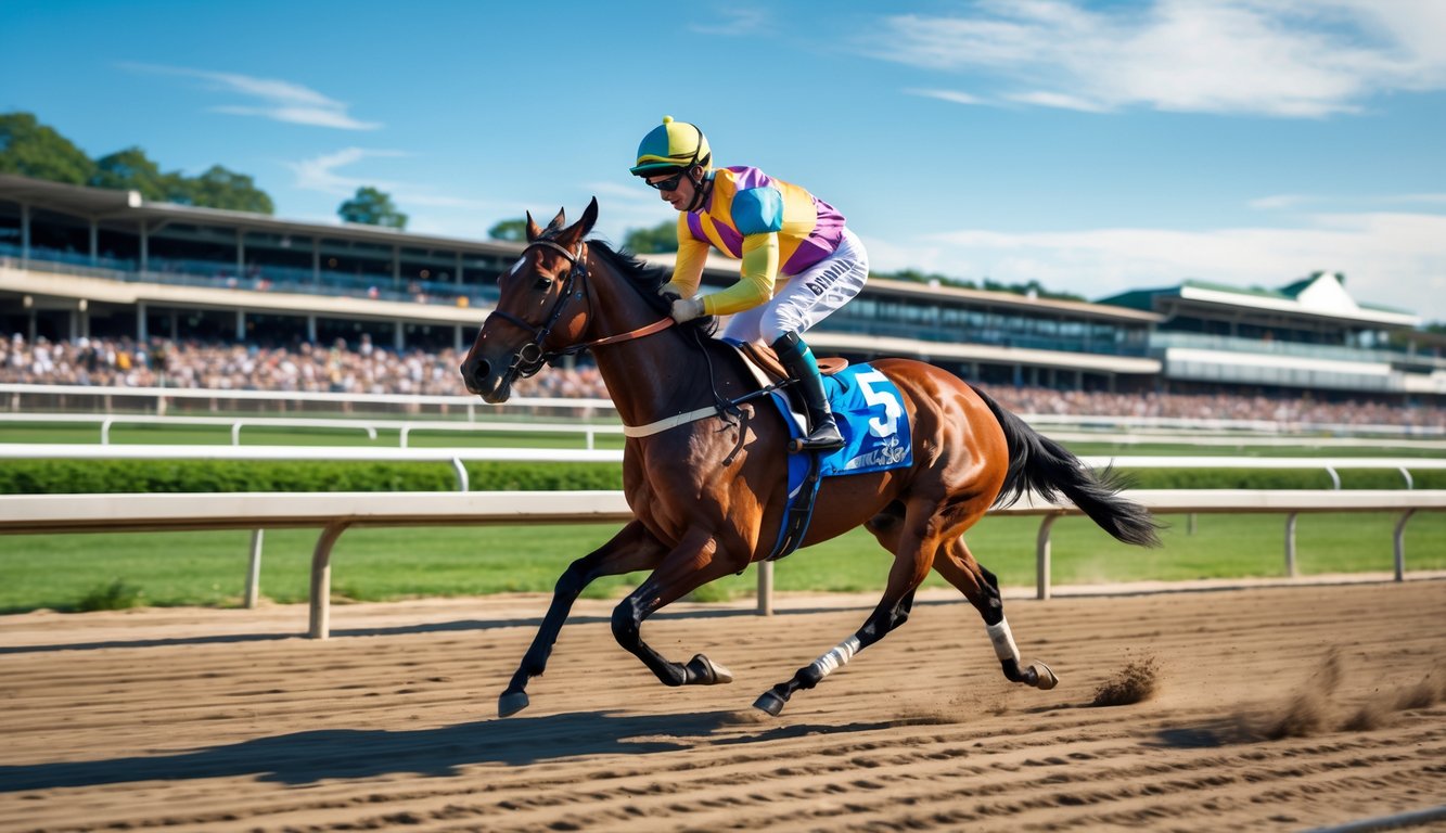 Seekor kuda pacu berlari cepat dengan joki mengenakan pakaian balap berwarna-warni di lintasan balap dengan penonton di latar belakang.