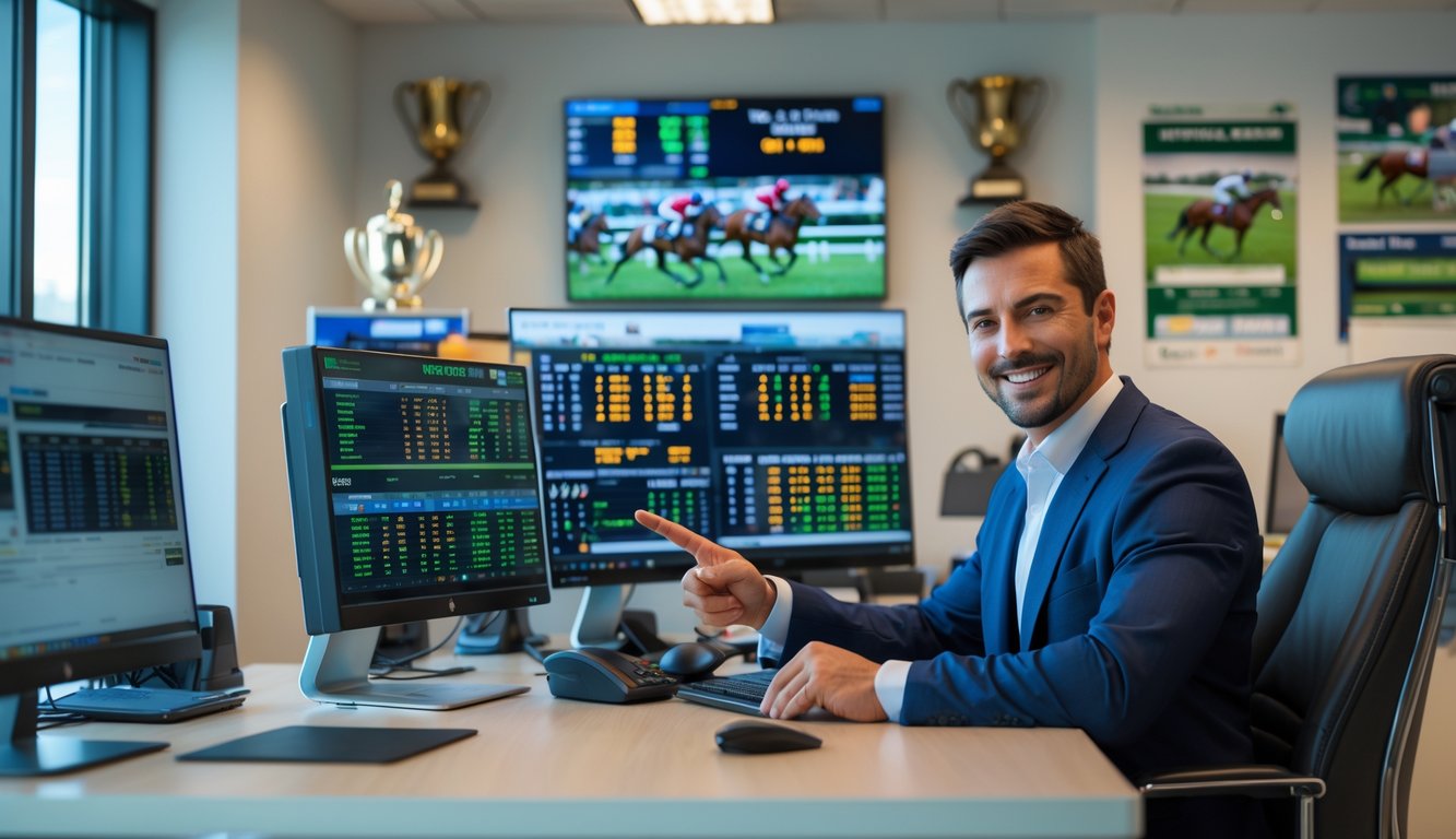 Seorang agen judi balap kuda profesional sedang berbicara dengan klien di kantor modern dengan layar komputer yang menampilkan data balap kuda.