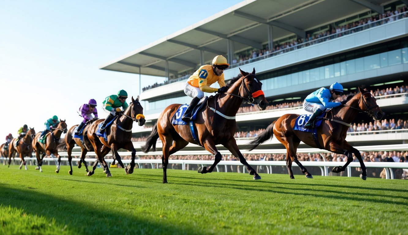 Balapan kuda internasional dengan joki mengenakan pakaian berwarna-warni di lintasan hijau, penonton di tribun penuh semangat menyaksikan perlombaan.