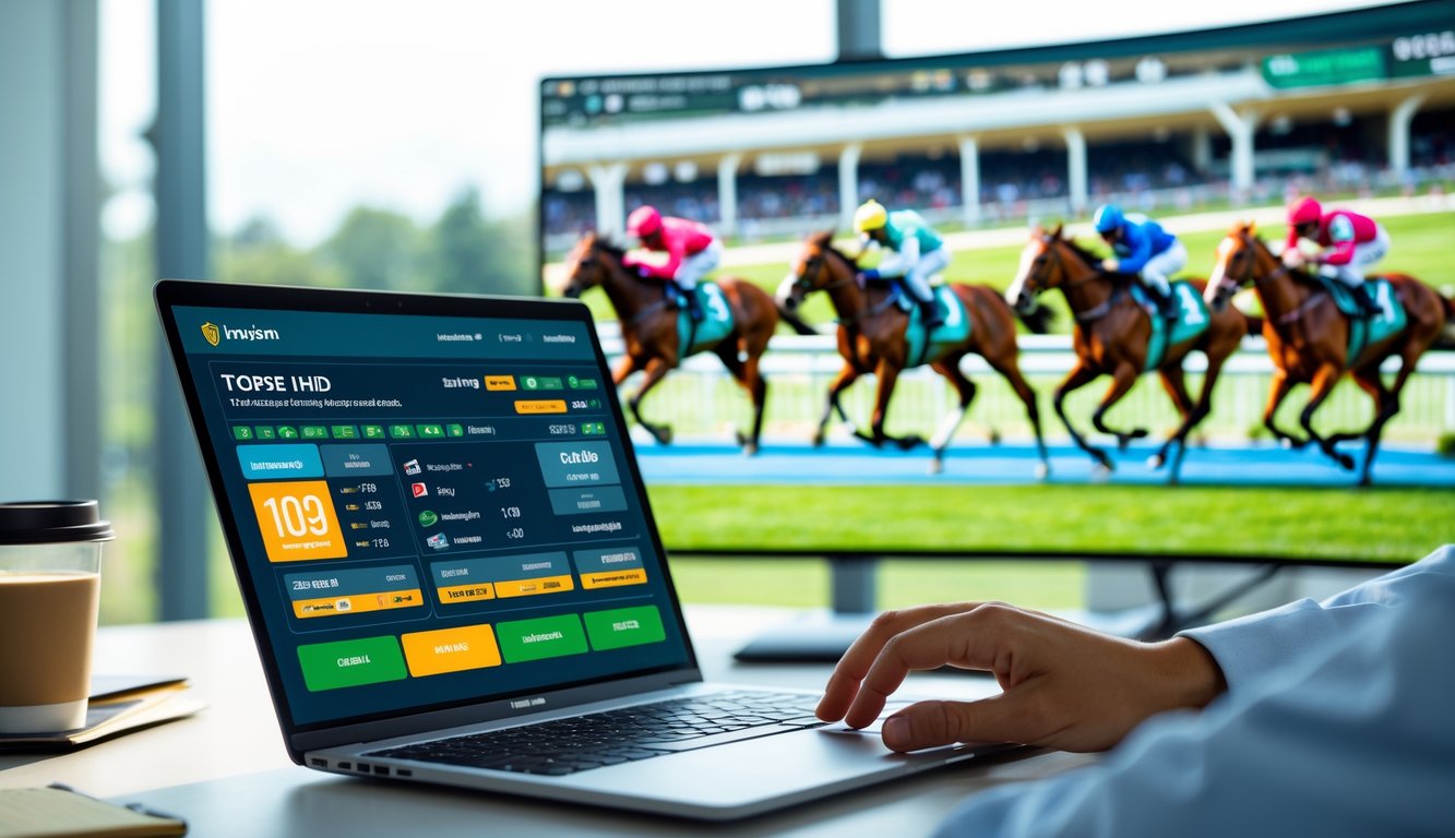 Seseorang menggunakan laptop untuk memasang taruhan balap kuda online dengan layar besar menampilkan balapan kuda di latar belakang.