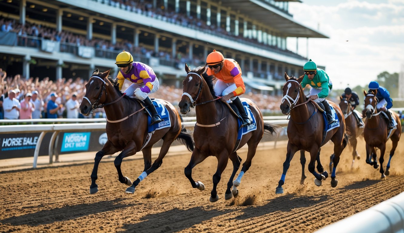 Lomba kuda sedang berlangsung di lintasan dengan joki mengenakan pakaian warna-warni dan penonton di tribun yang antusias.