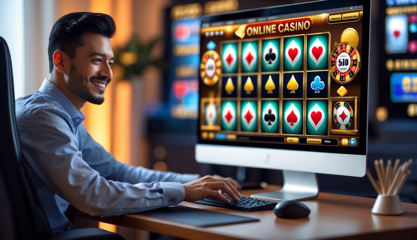 Orang tersenyum menggunakan komputer dengan permainan kasino online yang berwarna-warni di layar dalam suasana rumah yang nyaman.