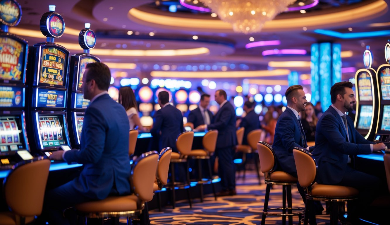 Suasana kasino modern dengan mesin slot berwarna-warni dan orang-orang yang bermain dengan ekspresi antusias.