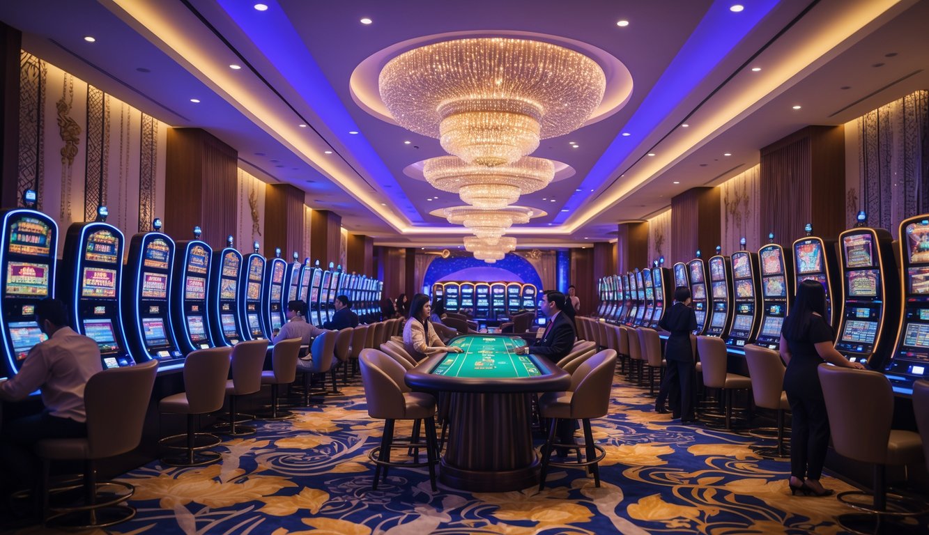 Suasana dalam kasino modern di Indonesia dengan mesin slot, pemain, dan dealer di meja poker.