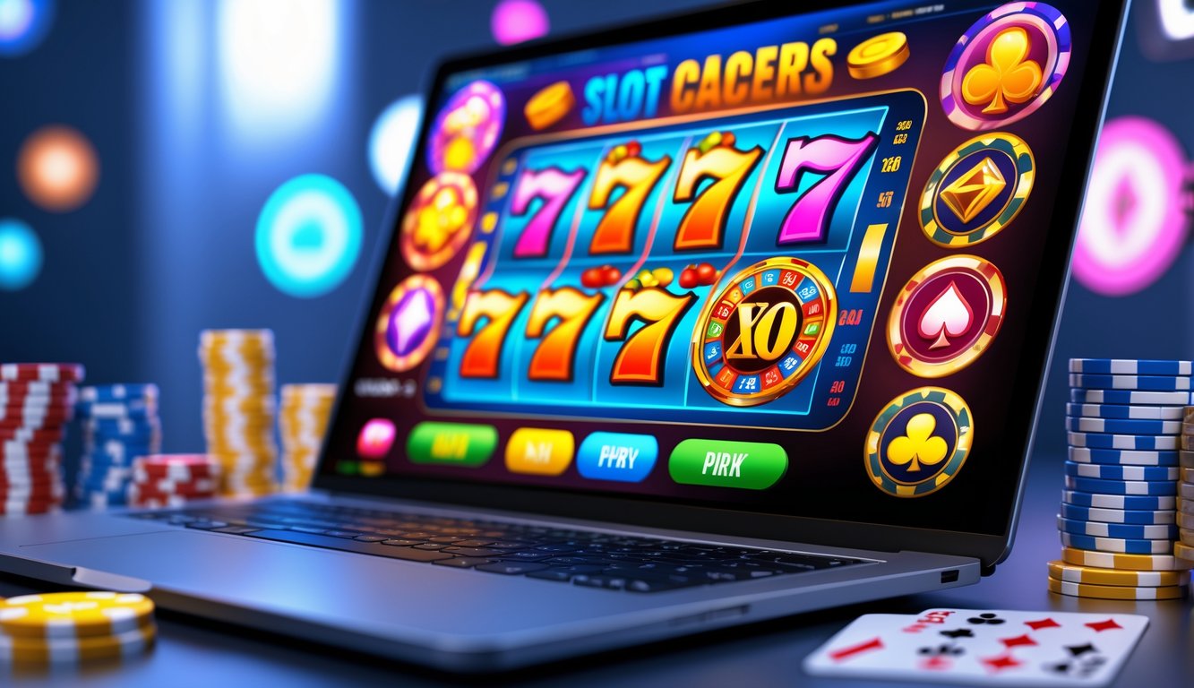 Sebuah komputer menampilkan permainan slot online dengan simbol warna-warni dan suasana kasino digital.