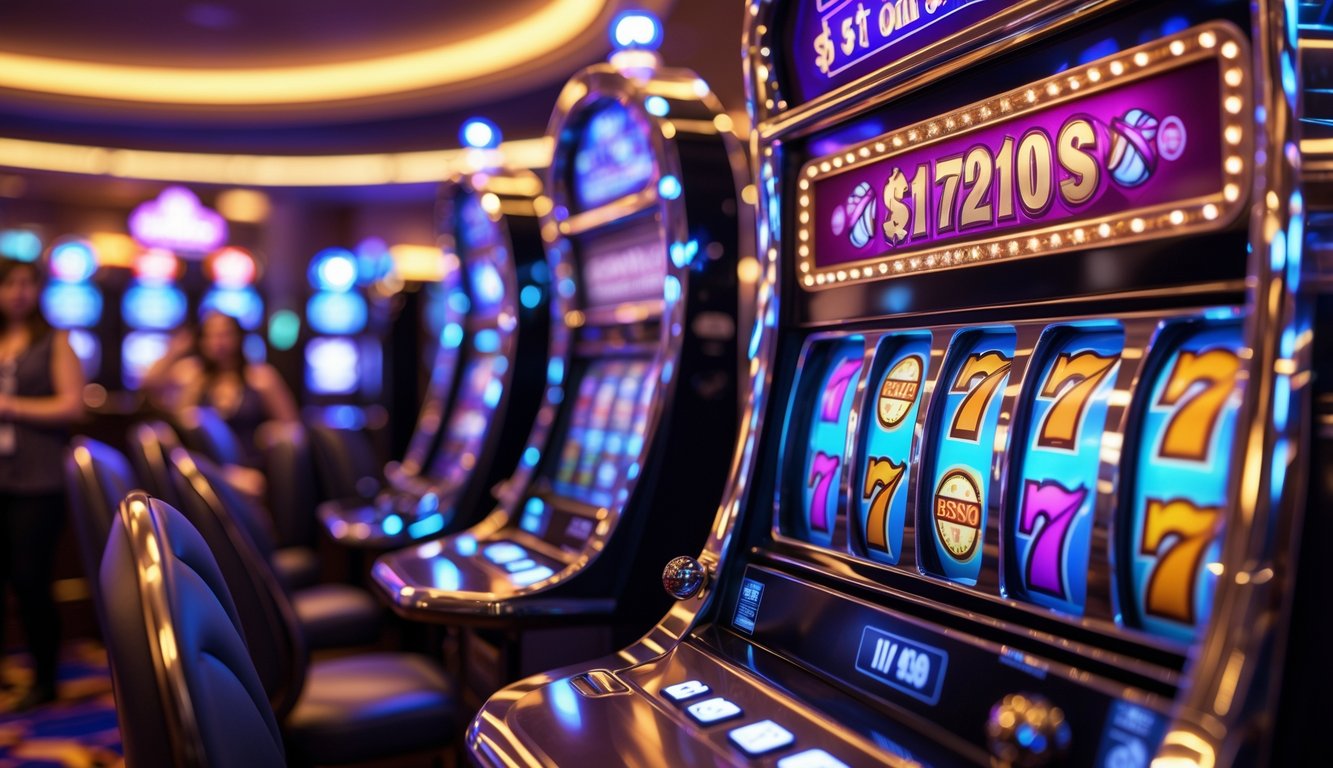 Mesin slot modern dengan gulungan berwarna-warni yang berputar di kasino yang ramai dan mewah.