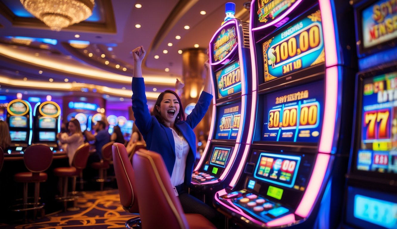 Suasana kasino dengan mesin slot modern dan pemain yang merayakan kemenangan jackpot besar.