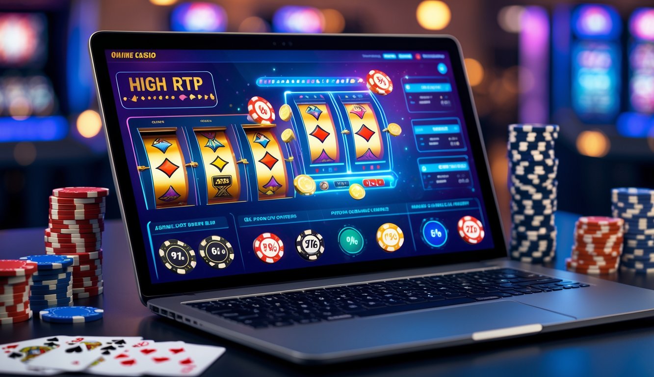 Sebuah komputer menampilkan antarmuka kasino online dengan mesin slot dan permainan kartu, dikelilingi oleh chip poker dan dadu di atas meja.