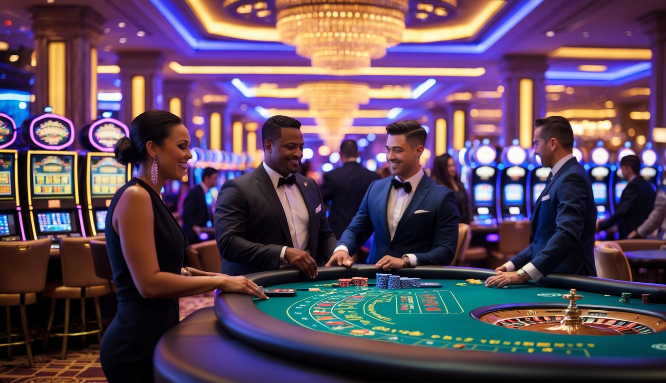 Suasana ramai di dalam kasino dengan orang-orang bermain mesin slot, poker, dan roulette.