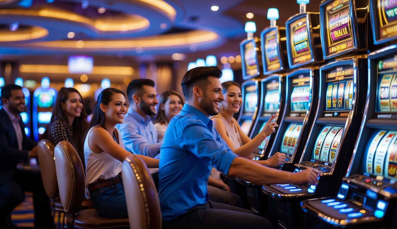 Orang-orang bermain mesin slot di dalam kasino dengan suasana yang cerah dan mewah.