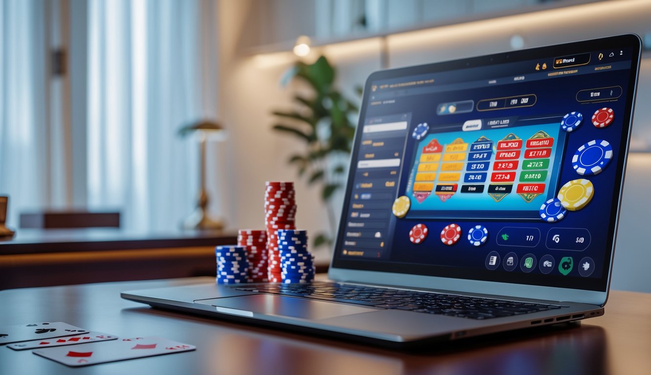 Sebuah setup permainan poker online dengan komputer menampilkan kartu dan chip poker di meja yang rapi dan terang.