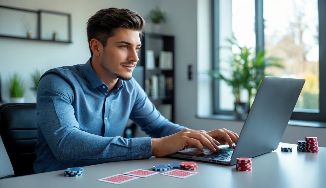 Seorang dewasa muda fokus bermain poker online di laptop di ruang kerja modern dengan chip poker dan kartu di meja.