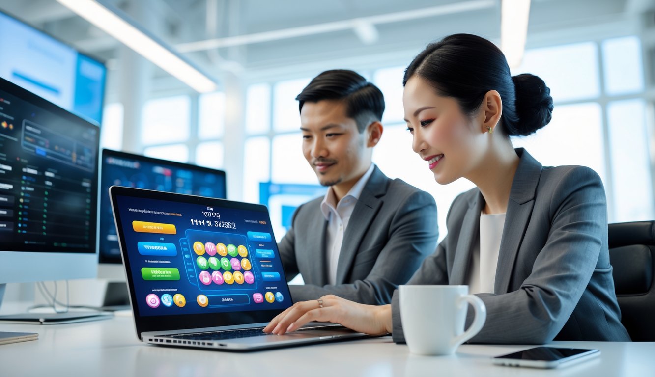 Seorang pria dan wanita profesional sedang melihat layar laptop di kantor modern, fokus pada aktivitas togel online.