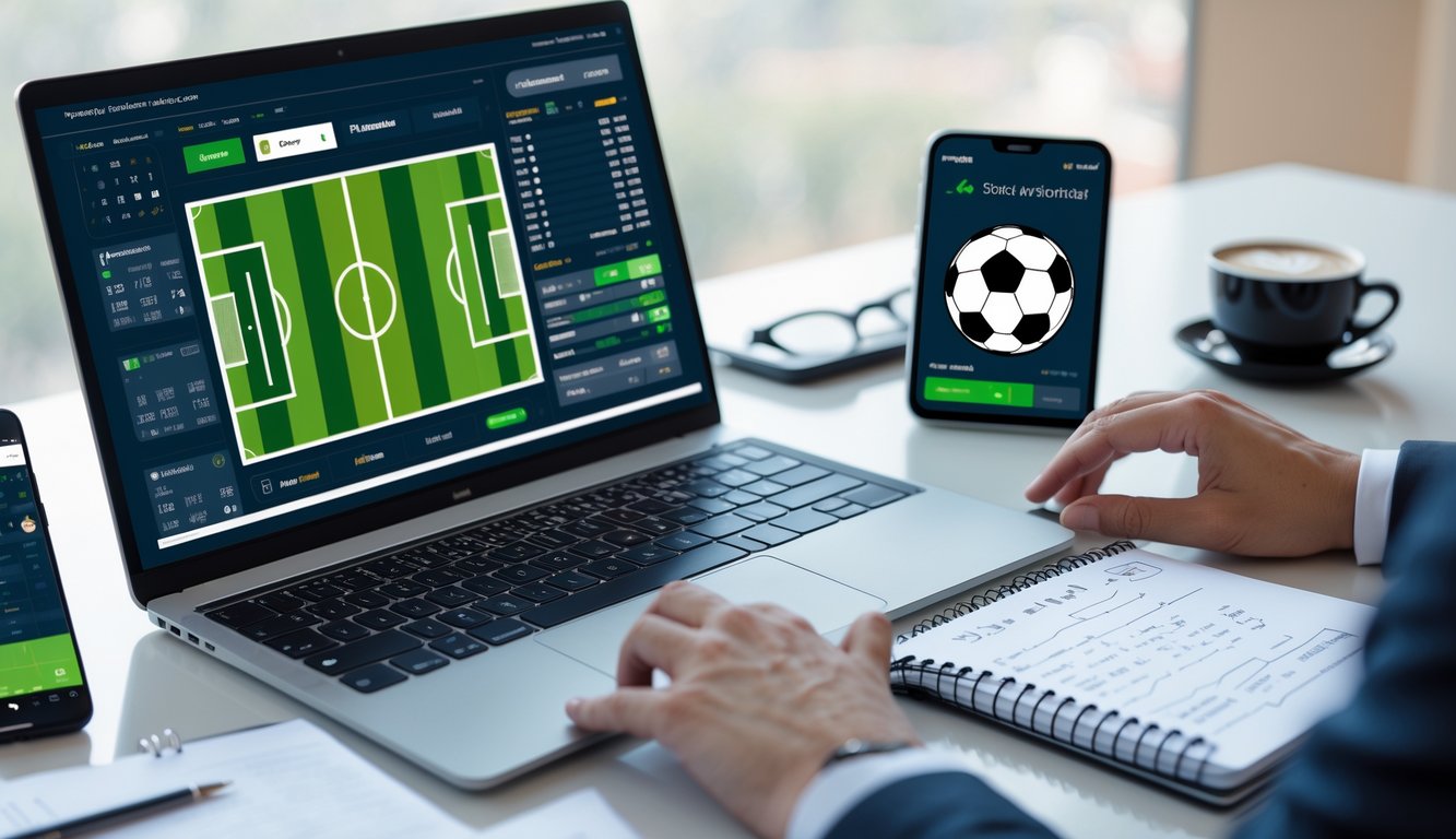 Seorang pria duduk di depan laptop dengan layar menampilkan grafik dan statistik sepak bola, dikelilingi oleh smartphone, catatan, dan cangkir kopi di meja kerja.