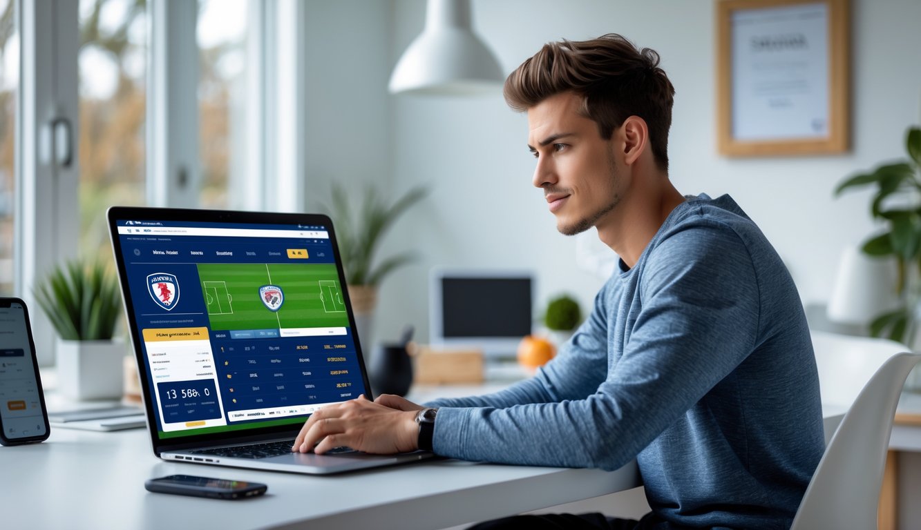 Seorang pria muda duduk di depan laptop dengan tampilan situs judi bola online yang aman dan terpercaya di layar, di ruang kerja yang terang dan rapi.