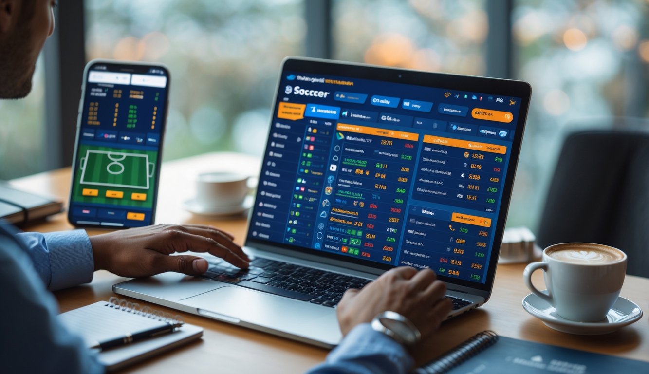 Seseorang menggunakan laptop dengan layar menampilkan situs taruhan bola online lengkap di meja kerja.