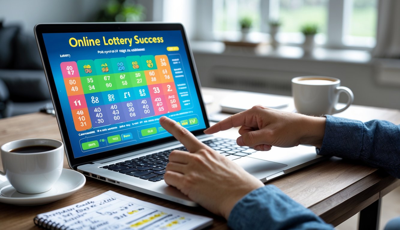 Seorang pria duduk di meja kerja dengan laptop menampilkan angka togel, dikelilingi oleh secangkir kopi, ponsel, dan catatan, menunjukkan aktivitas bermain togel online.
