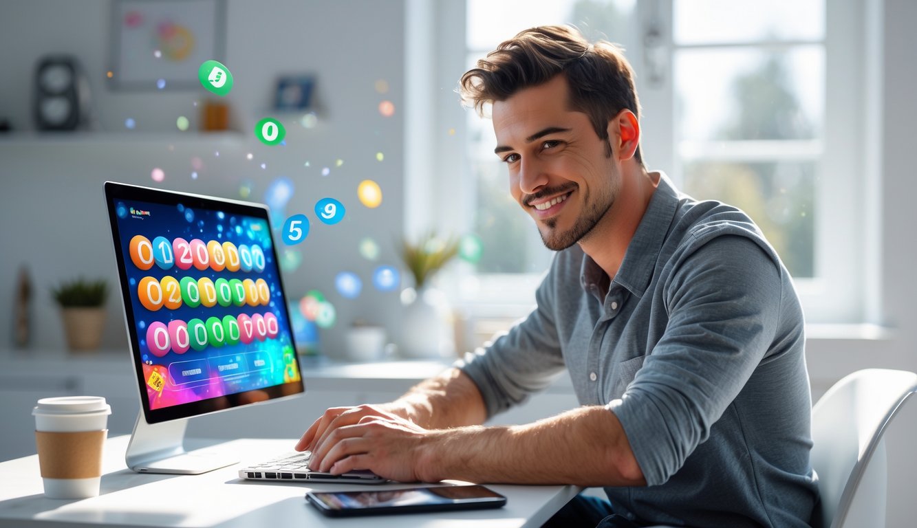 Seorang pria muda duduk di meja dengan laptop, terlihat fokus dan tersenyum saat bermain permainan togel online di ruangan yang terang dan rapi.