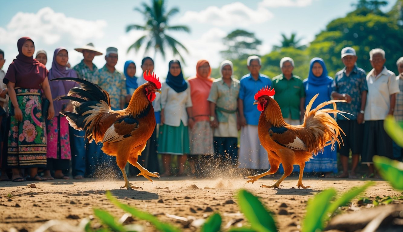 Dua ayam jago sedang bertarung di luar ruangan dengan penonton yang memperhatikan di sekelilingnya.