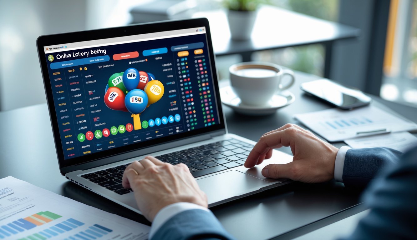 Meja kerja modern dengan laptop dan ponsel yang menampilkan aplikasi taruhan togel online, tangan seseorang sedang menggunakan perangkat tersebut.