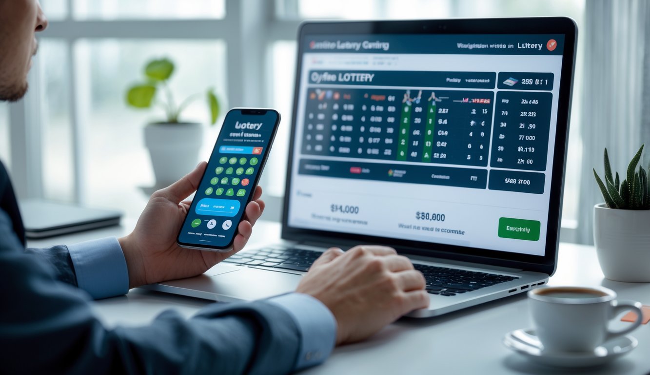 Seseorang duduk di meja dengan laptop dan ponsel, terlihat fokus menggunakan platform togel online di ruang kerja yang rapi.