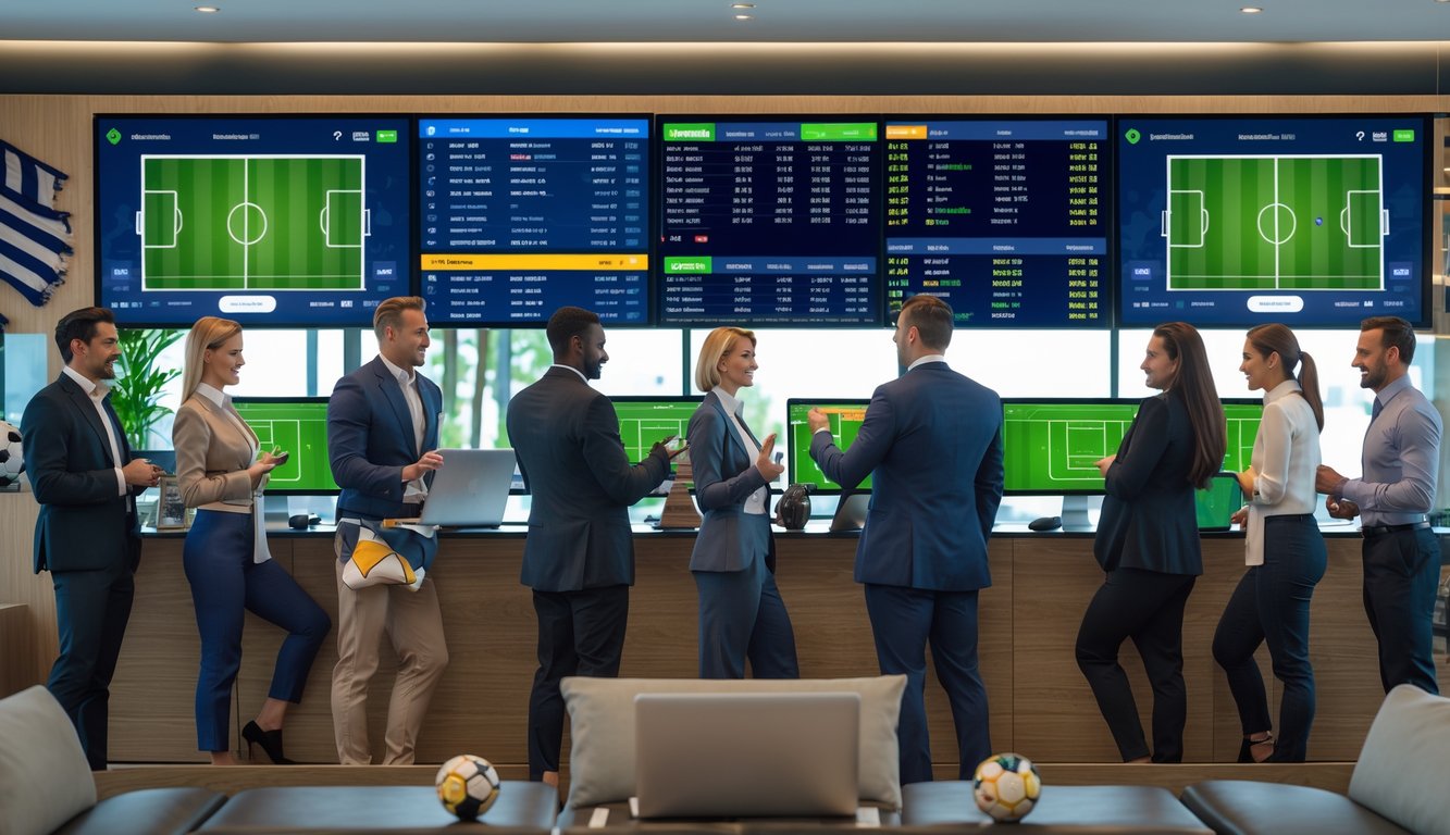Orang-orang sedang menggunakan perangkat elektronik untuk memasang taruhan pada pertandingan sepak bola di ruangan modern dengan layar besar yang menampilkan pertandingan sepak bola.