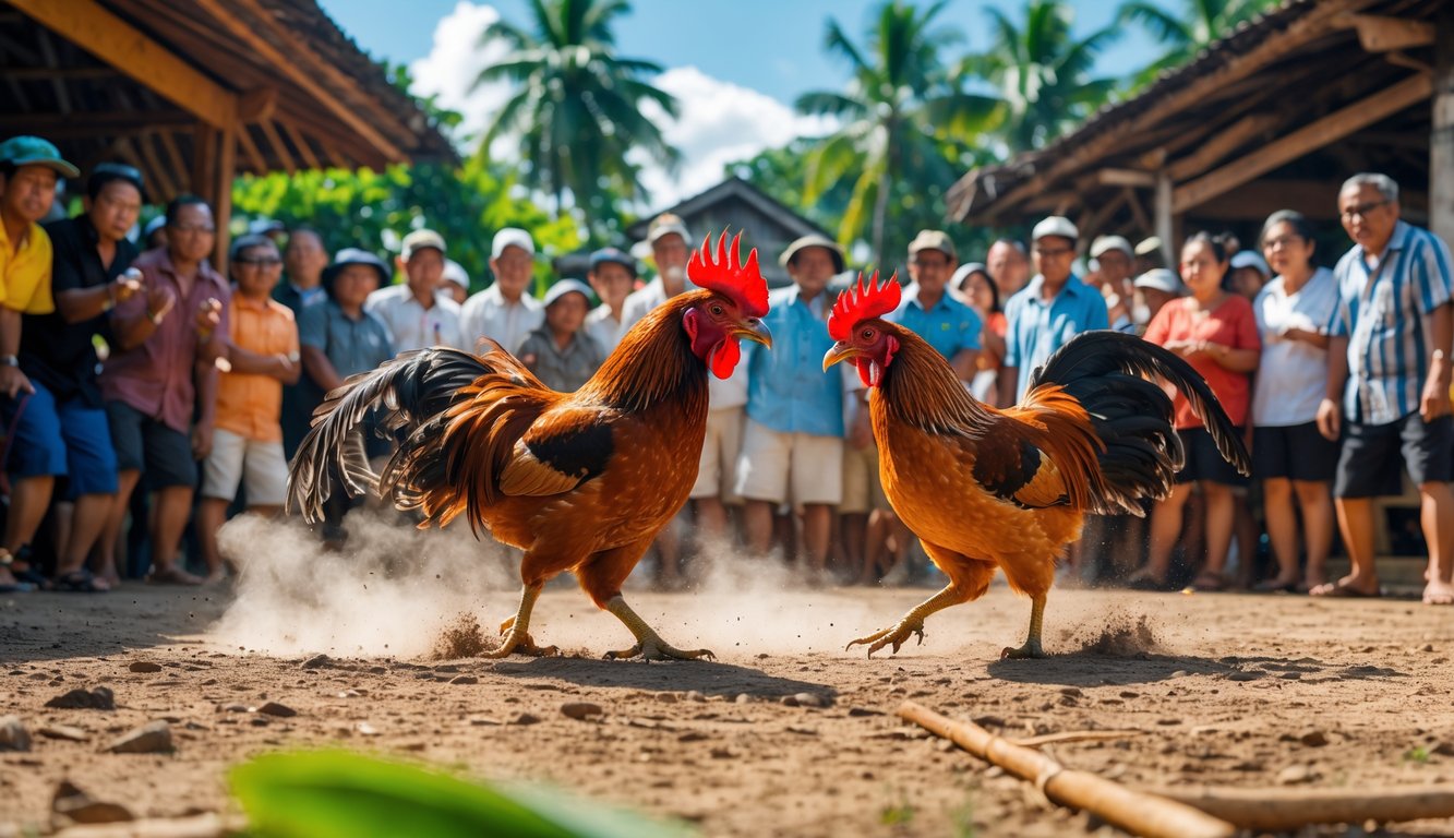 Dua ayam jago bertarung di depan kerumunan orang yang antusias di luar ruangan dengan latar belakang pepohonan tropis dan bangunan kayu tradisional.