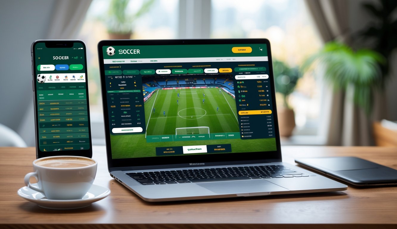 Sebuah laptop dan ponsel di meja kayu menampilkan pertandingan sepak bola dan aplikasi taruhan, dengan latar belakang ruang kerja yang terang.