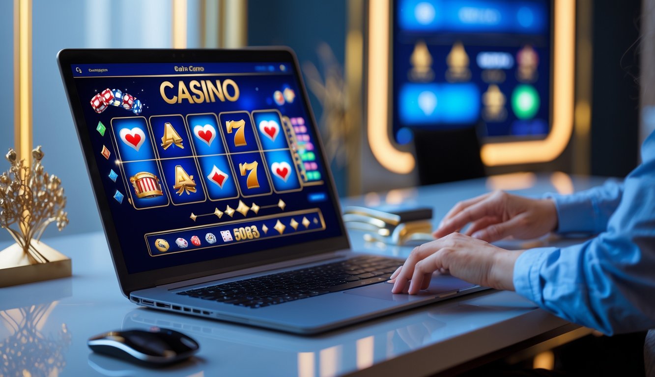 Seorang pengguna bermain kasino online terpercaya di depan komputer dengan latar belakang pencahayaan hangat dan suasana modern.