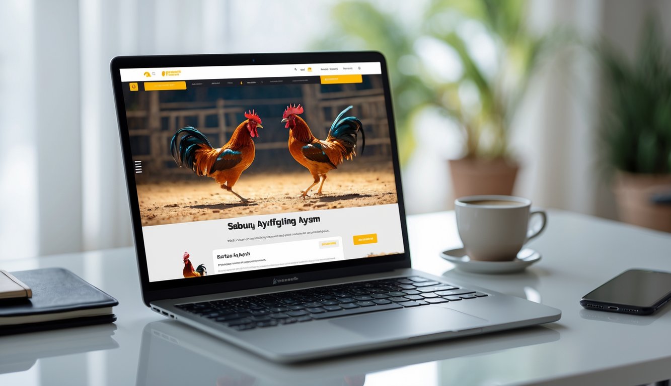 Layar komputer menampilkan dua ayam aduan virtual sedang bertarung di arena online di atas meja kerja dengan latar belakang ruangan yang nyaman.