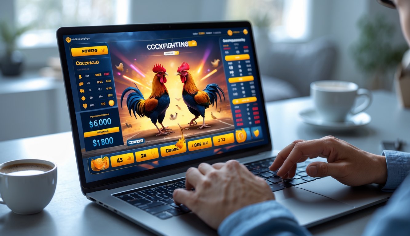 Seseorang menggunakan komputer untuk menonton dan bertaruh pada pertandingan sabung ayam secara online di ruang kerja modern.